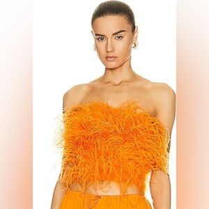Sally LaPointe Strapless Cropped Feather-trimmed Stretch-jersey Top